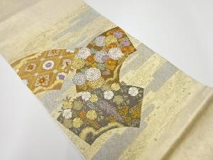 リサイクル　引箔蘇州刺繍地紙に菊・枝垂れ桜・藤模様袋帯